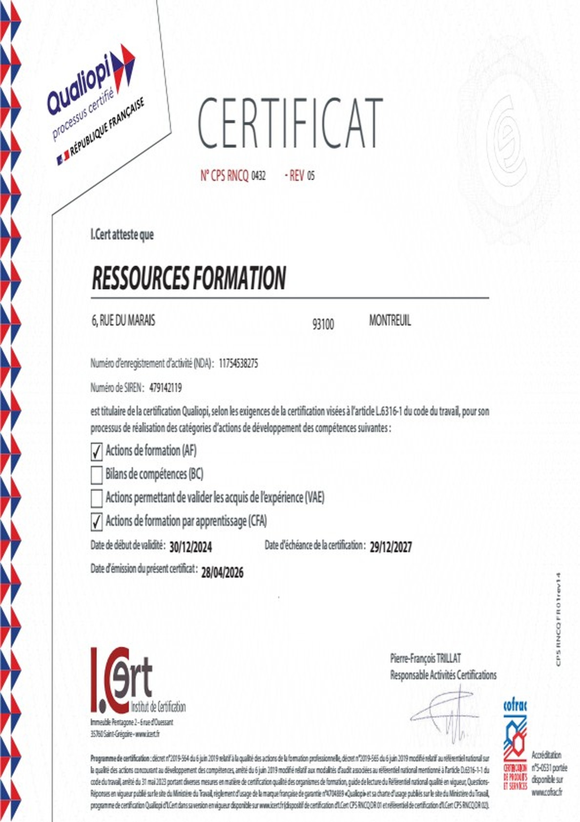 Certificat QUALIOPI